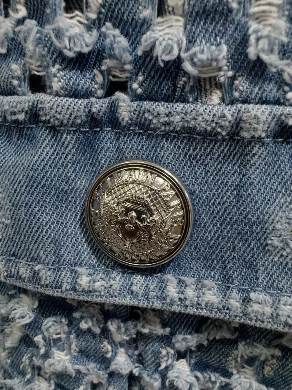 Balmain Light Blue Textured Denim-Trim Jacket - Picture 3 of 7